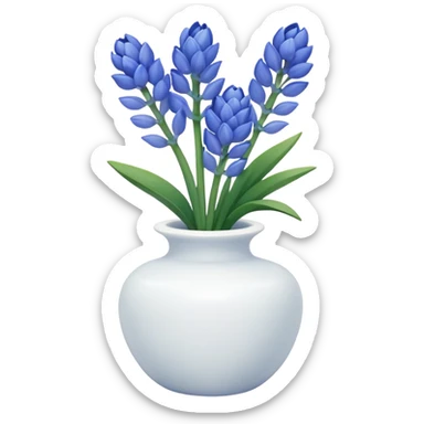 A small white ceramic vase holding a delicate blue hyacinth with soft green leaves — simple, elegant, and calming in a cozy, minimalist style. sticker