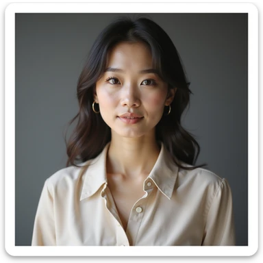 photorealistic upper-body portrait of a modern Korean woman, age 25-35, refined premium look, appreciates finest ingredients and art of coffee and dessert pairing, serene upscale appearance, minimal background sticker