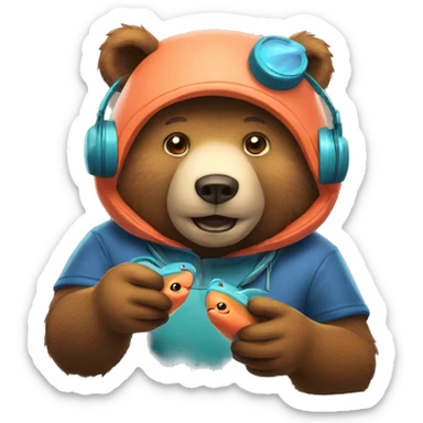 Bear wearing headset playing video game about catching salmon sticker