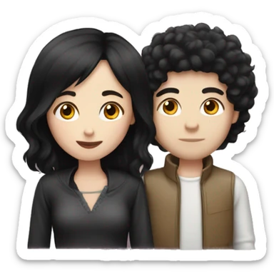 pale skin woman with black hair and tall boy with fluffly hair kissing sticker
