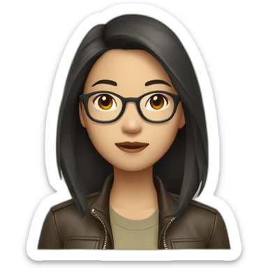 asian girl with glasses and a leather jacket with a  khaki shirt and long dark hair sticker