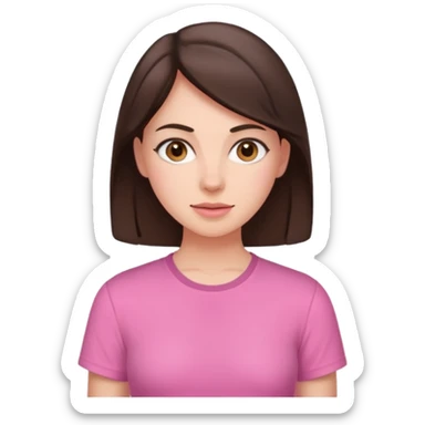 30 year old brunette woman with a pink shirt sticker