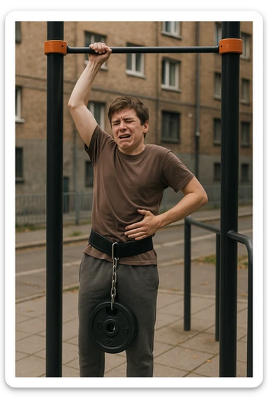 Giovane atleta neofita, fisico normale e non ancora sviluppato, si allena per la prima volta in uno spazio urbano per streetlifting: sbarra per trazioni, parallele, e pesi appesi alla cintura. Ma si è infortunato perchè non faceva le cose con la giusta tecnica. sticker