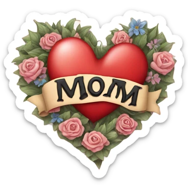 A heart tattoo with the word MOM written in a banner going across the whole heart sticker