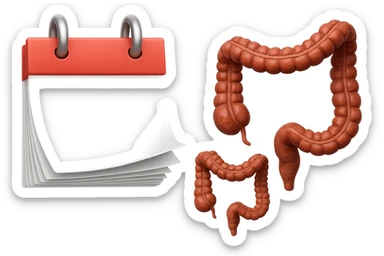 emoji stile iphone di un calendario con fogli che volano insieme a pezzi anatomici di colon umano, iperrealistico 4k, isolato su sfondo bianco sticker