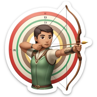 An archer drawing a bow and aiming an arrow at a target, with perfect focus and precision. The target is visible in the background, featuring concentric rings. The scene captures the concentration and skill involved in archery, emphasizing the elegance and accuracy of the sport. sticker