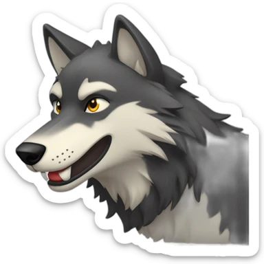 friendly dark wolf head in profile looking to right with open mouth smiling and blinking with on eye sticker