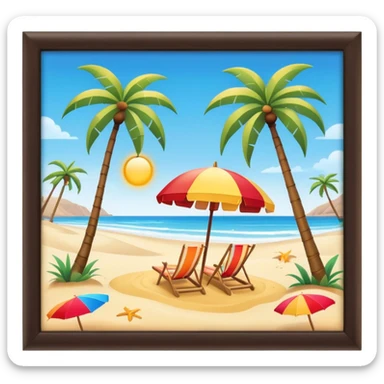Cinematic Realistic Beach Emoji in a wooden frame, Sunny and bright, with soft golden sand stretching as far as the eye can see, gently lapping waves crashing onto the shore, and a clear, blue sky above. Palm trees sway in the warm breeze, and colorful beach umbrellas dot the landscape. Soft glowing outline, capturing the essence of a relaxed, joyful beach day filled with sun, sand, and surf! sticker