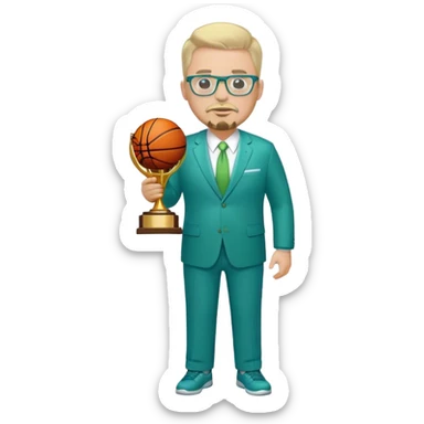 Full Body white fat male  wearing glasses with a goatee with light blonde gray very short hair basketball head Coach in blue and green suit holding trophy sticker