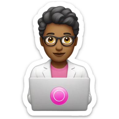 designer with laptop which have a pink circle logo sticker