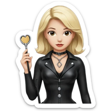 Dominatrix with blonde hair, latex outfit, old fashioned key necklace, and a whip sticker