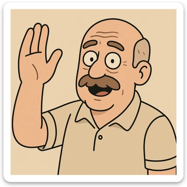 older bald man with a mustache raising his hand, cartoon style sticker