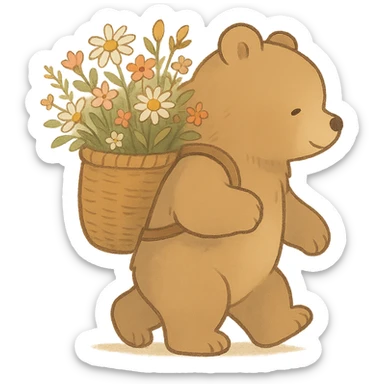bear carrying a basket of wildflowers, soft pastel brown and cream, ghibli style sticker