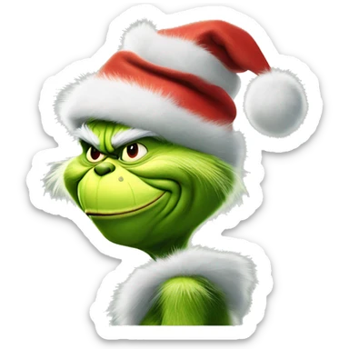 The grinch wearing santa hat pushing up the back of hat with his hand sticker