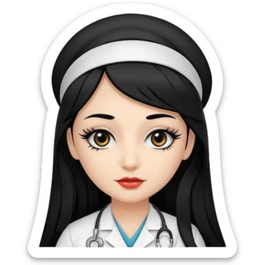 Nurse, long hair,black hair, black eyes, false eyelashes,eyeliner,  sticker