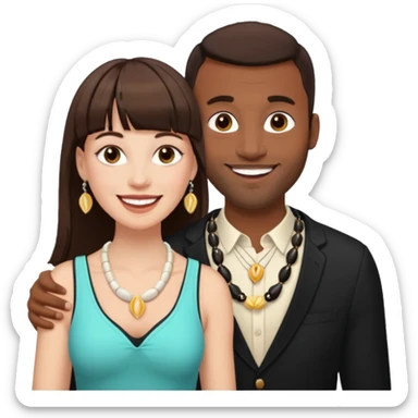 white woman with dark brown hair and bangs marrying a light skin black man with a shell necklace and septum piercing  sticker