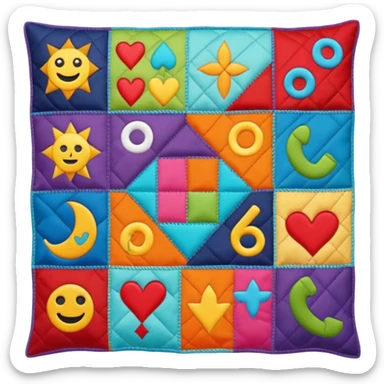 A chaotic patchwork quilt emoji with mismatched symbols and icons, evoking a deliberately absurd and brain-melting feel, grotesque and nonsensical sticker
