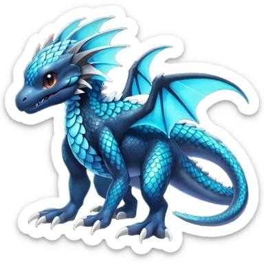 Multicolored dark shiny bioluminescent glowing black and cyan and blue gloomy spooky scales-covered pretty cool elegant realistic abyssal exotic Fakémon-Pokémon-Digimon-Trico, full body sticker