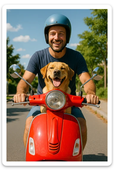 man and his pet dog riding a vespa sticker