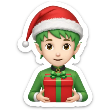 elf wearing a santa hat holidng a xmas present make his unfiorm green adn red sticker