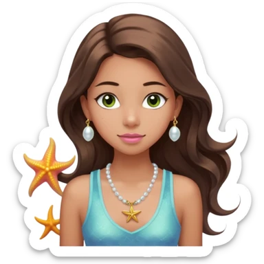 Create a teen girl wearing a light blue tank top. She will have long brunette hair, tan skin, pink lips, and grey-green eyes. She has long eyelashes. She also has light freckles and is wearing a gold charm necklace that has an n on it, a pearl, a sun, a starfish, a mermaid tail, and seashell sticker
