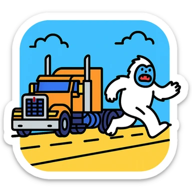 2026 Kenworth W680 flat top semi sleeper with stacks chasing an abominable snowman down the road, color outline style sticker