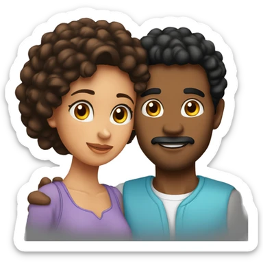 Pareja besándose, él moreno de piel marrón pelo negro corto, y ella pelo negro rizado largo, piel blanca   sticker
