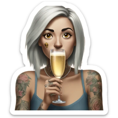 Hyper Realistic Beautiful tattooed woman crying sadly drinking champagne  sticker