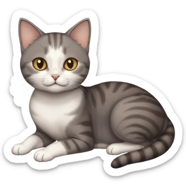 full body tiny short hair dark grey and white cat with white front legs anh azel eyes lying down sticker
