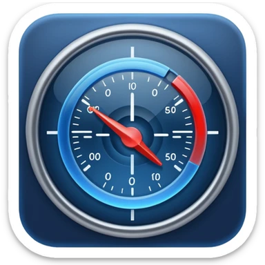 a simple gauge icon, deep blue with a soft glow, no numbers, only a needle and arc, apple emoji style sticker
