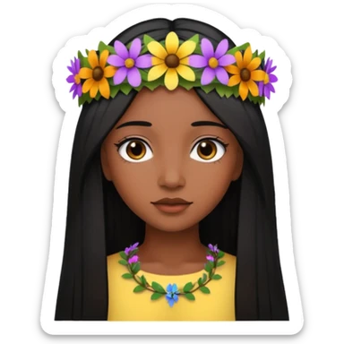 ["Deep brown skin female, long straight black hair, wearing a multicolored wildflower crown."] sticker