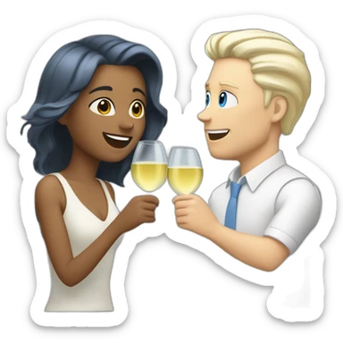 A white woman with brown eyes and blond hair and a white man with blue eyes and grey hair, they toast to each other with a glass of white wine. sticker