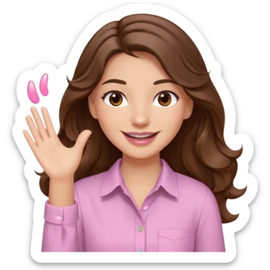 girl with wavy long brown hair, brown eyes, light to medium complexion, long lashes, light pink lipstick, smiling, wearing light pink shirt, slapping sticker