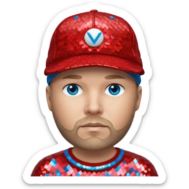 Fred Durst with blue eyes, dark blonde hair, red sequin shirt and cap sticker