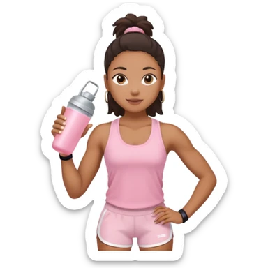 Mixed-race athletic woman with bronzed skin, wearing baby pink tank top and white shorts, holding a protein shaker sticker