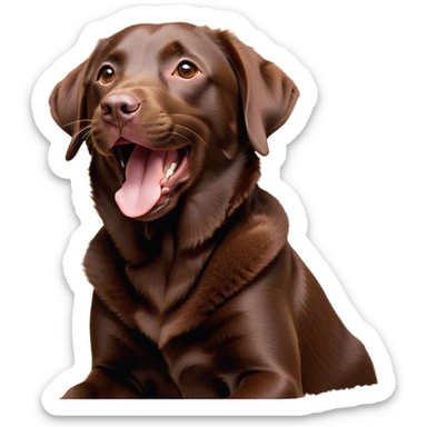 Cinematic Cute Yawning Chocolate Labrador Portrait Emoji, Head tilted slightly with a dramatic, wide-open yawn, showcasing a smooth chocolate Fur with a velvety texture, floppy ears slightly drooping, round brown eyes barely open in drowsy contentment, Simplified yet irresistibly adorable features, highly detailed, glowing with a soft, cozy glow, high shine, relaxed yet expressive, stylized with a touch of whimsy, bright and endearing, soft glowing outline, capturing the essence of a sleepy yet affectionate companion, so drowsy it feels like it could stretch out of the screen and curl up for a nap! sticker