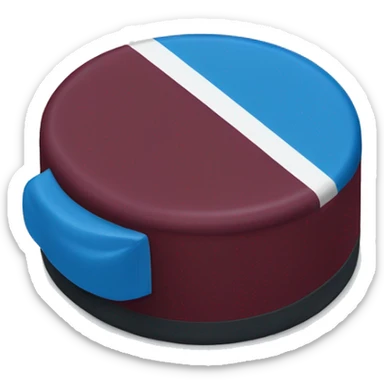 A hockey puck that is blue and burgundy  sticker