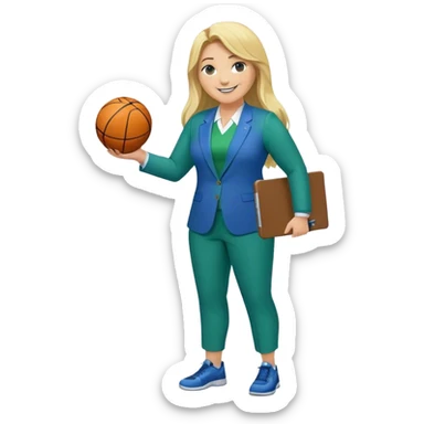 Full Body white plus size female basketball head coach using a clipboard with long blonde hair in a blue and green suit smiling with basketball and clipboard sticker