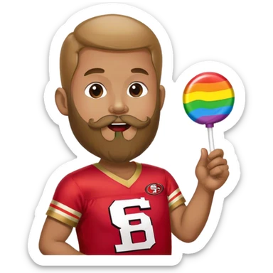 Gay pride 49ers fan licking rainbow lollipop and holding rainbow flag sticker