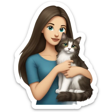 long straight haired blue eyed brunette woman holding norwegian forest cat with amber eyes sticker