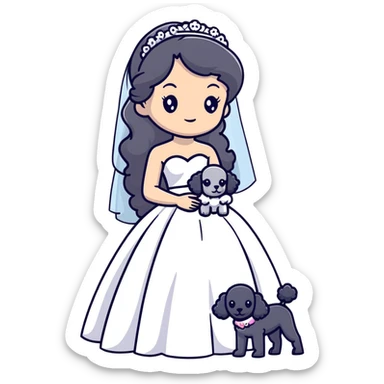 A beautiful girl with long black hair in a wedding dress holds a small gray poodle sticker