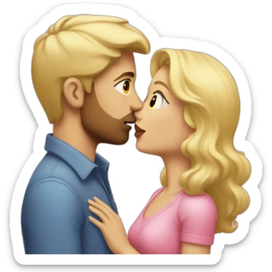 Blond woman in pink kissing brunette man with light face sticker