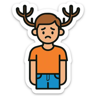 A casual guy with deer antlers, wearing a t-shirt and jeans, with a sad or thoughtful facial expression, neutral background, no snow sticker