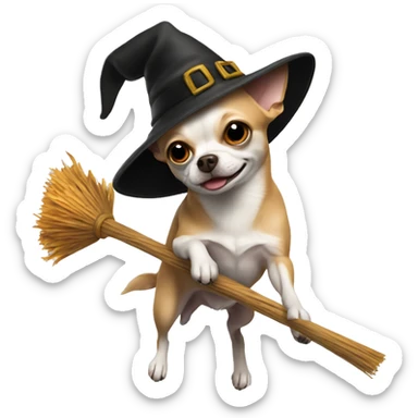 chihuahua flying on broom with witch hat sticker