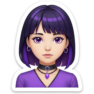 long black hair with purple highlights with bangs and choker with purple blouse sticker