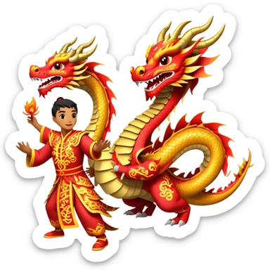 Cinematic Realistic scene of two performers guiding an elaborately designed dragon costume during a Dragon Dance, with vivid traditional patterns and dynamic motion, set under festive, red-tinged lighting sticker