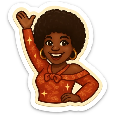 Create an emoji of a female African American in 1970s disco style with a pose with one arm raised, joyful expression, afro hairstyle, and a sparkling disco outfit inspired by the reference. sticker