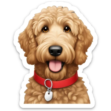 light brown golden doodle wearing a red collar with silver tag sticker