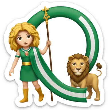 Un drapeau  avec 2 bande verte qui et une bande blanche au milieu avec une femme avec 1 lion de chaque coter d’elle sous un arc en pierre  sticker