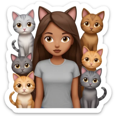 a pretty bratz dusky girl with long brown hair with six cats nd wearing a grey tshirt sticker